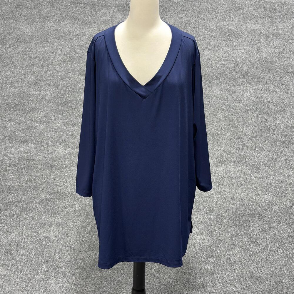 Susan Graver Shirt Womens 3XL Plus Navy V-Neck Tunic 3/4 Sleeve Side Slits